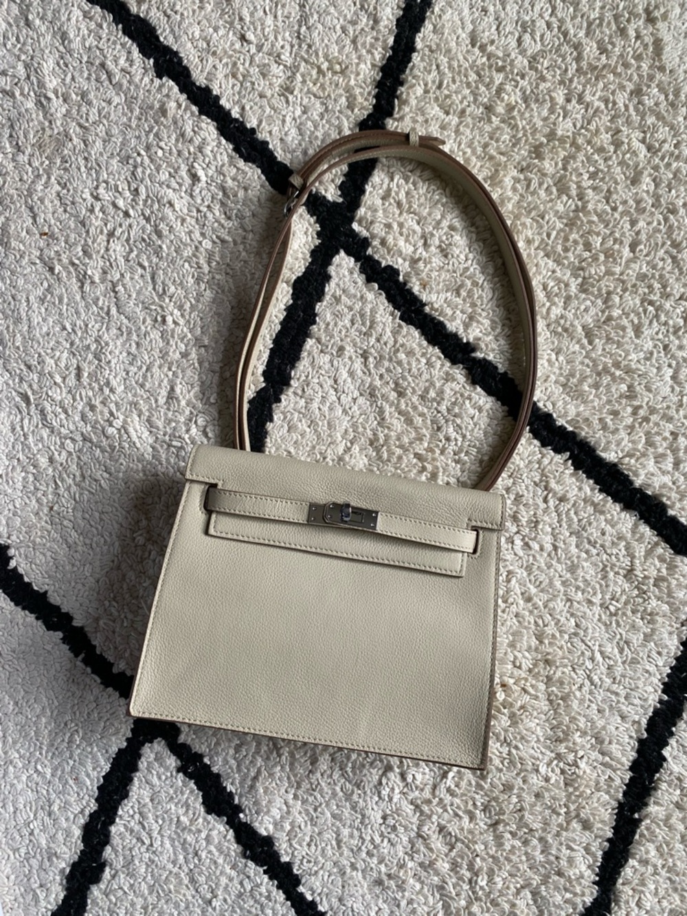 Kelly style cream genuine leather bag with silver hardware